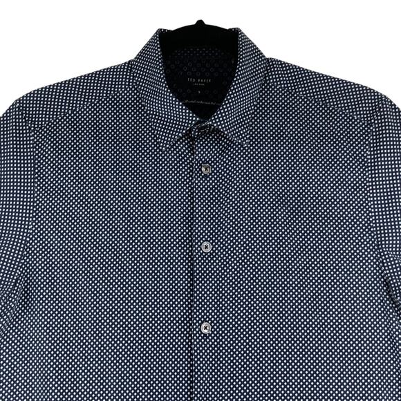 Ted Baker Shirt Mens M Navy Geometric Short Sleeve Button Up Cotton Stretch - Picture 2 of 15